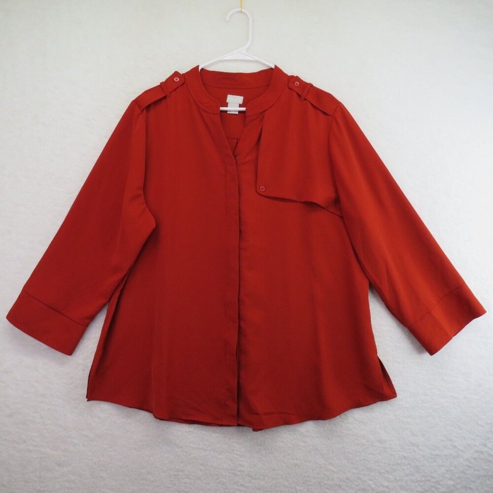 Chicos Shirt Womens Extra Large Petite Blouse Red Long Sleeve Button Up V Neck